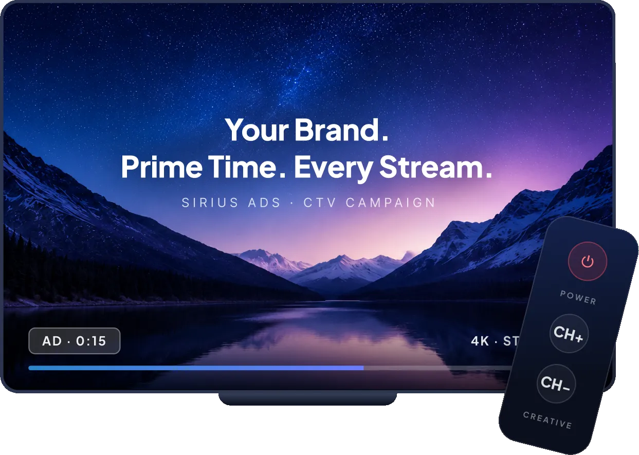 Connected TV campaign visual with the message "Your Brand. Prime Time. Every Stream." displayed on a streaming television beside a remote control