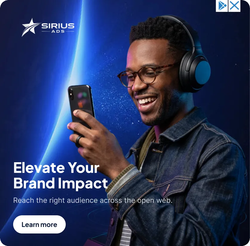 Sirius Ads display ad showing a man wearing headphones and using a smartphone